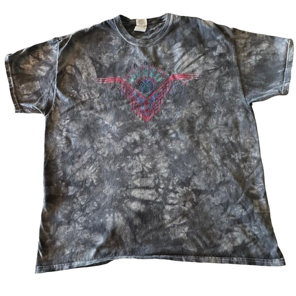 Native American T-shirt Adult XL Gray Tie Dye Man in the Maze Feather Print